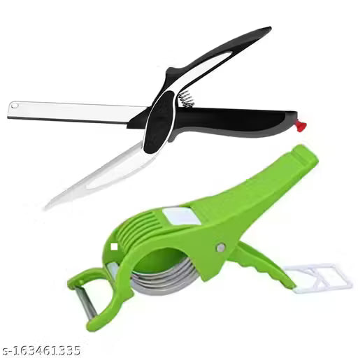 Combo of Smart Stainless Steel Clever Cutter with Veg Cutter for Fruit and Vegetable Slice (Pack of 2, Black & Green)