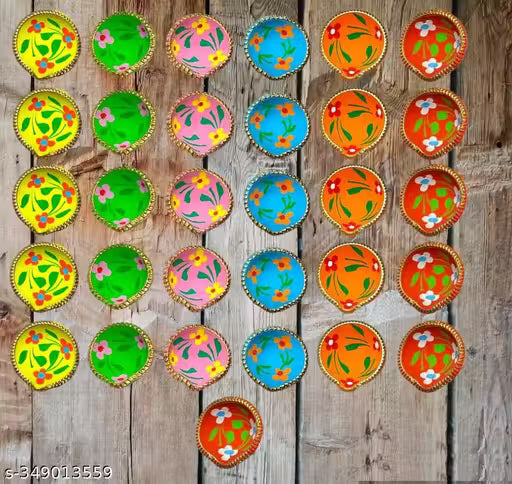 DEEPTI DECOR Pack of 31 Pieces Multi Color Flower Print Decorative Handmade Clay Mitti Diya for Diwali Decoration, Navratra Pooja and All Festival
