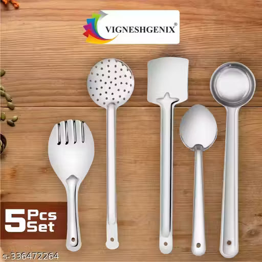 Stainless Steel Tools Set for Kitchen Cooking and Serving, Pack of 5, (Spatula, Ladle, Skimmer, Cooking Spoon)