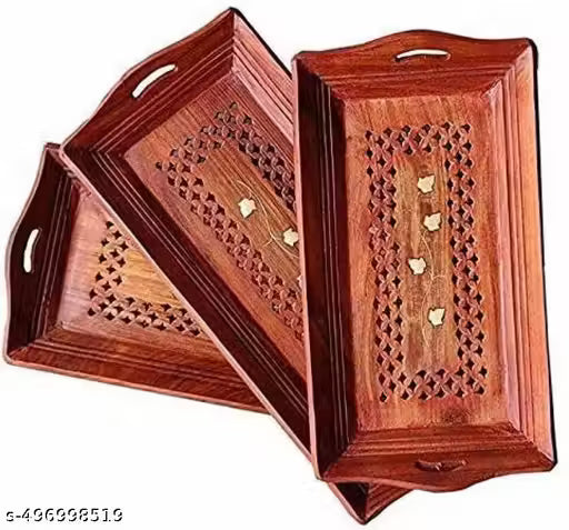 Wooden Serving Tray Set of 3 (Large, Medium and Small) with Brass Work, Serving Platters and Trays for Party, Food and Tea Wooden Decorative Trays for Coffee Table, Brown