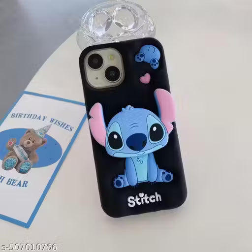 AIFEI for iPhone 15 Cute BLACK STITCH with Stand Case, Soft Silicone 3D Cartoon with Holder, Full Protective Back Cover ( BLACK)