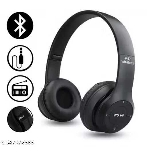 P 47 Wireless Bluetooth Sports Headphones with Microphone | On-Ear Bluetooth Headset for Active Lifestyles | Ideal for Gym, Running, and Travel (Black)